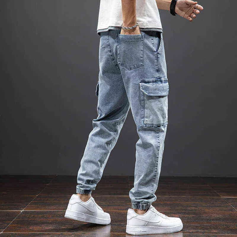 Wiosna Letnia Czarne Niebieskie Worki Dżinsy Mężczyźni Streetwear Multi-kieszenie Spodnie Cargo Mężczyźni Joggers Spodnie Jean Plus Size 6XL 7XL 8XL 211120