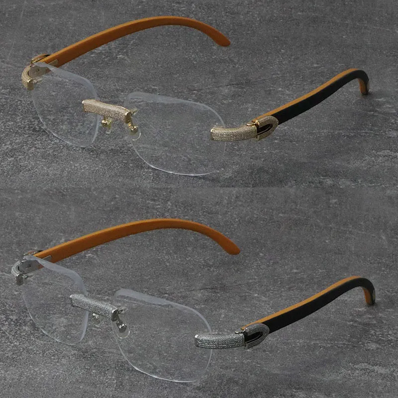 2022 Neue Schwarz-Mix-weiße Büffelhornrahmen Holzbrillen Randlose Diamant-Set-Brille Männer Frauen mit C-Dekoration Rocks Wire 18K g260J