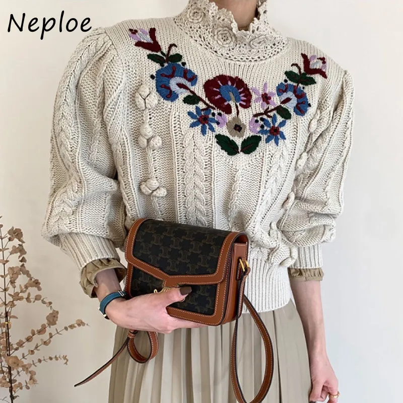 Coreano trabajo pesado flor bordado suéter de punto mujeres o cuello jersey linterna manga larga pull femme invierno sueter 210422