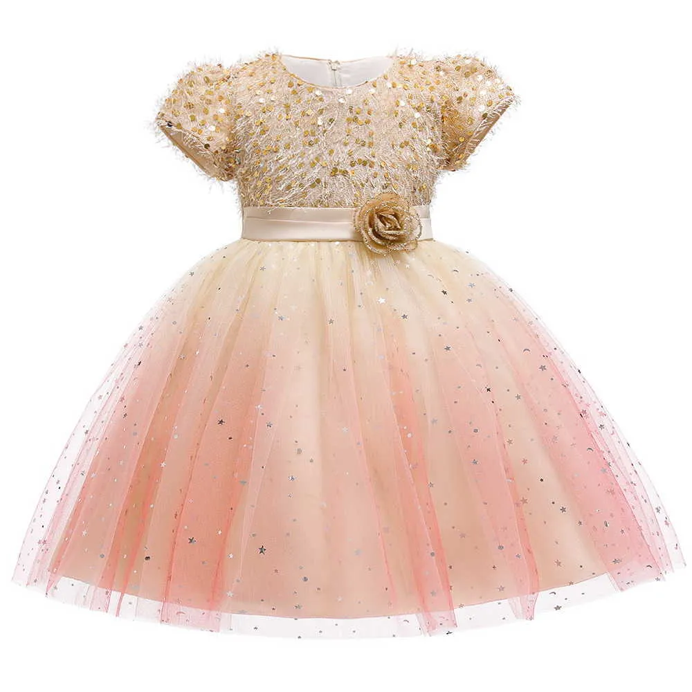 Ciel étoilé robe de fille de fleur gaze paillettes TUTU robes de princesse à manches courtes pour fête mariage bébé vêtements 3-10Y E5161 210610