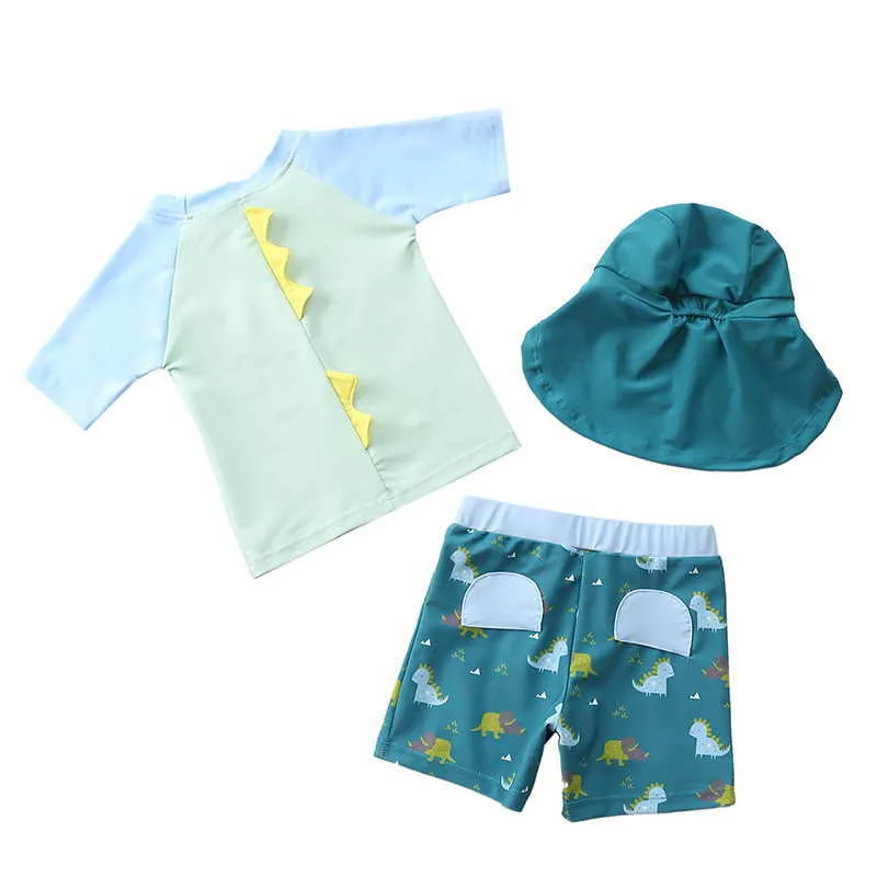 Sommar Baby Boys Badkläder 3-PCs Set Cartoon Dinosaur + Swimming Trunks + Badlock Baddräkt Barnkläder E1051 210610