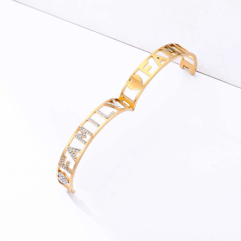 Trendy Girls Gold Color Stainless Steel Bracelet Bangle with Rhinestone Family Letters Charms Bangles for Women Accessories 2020 Q0719