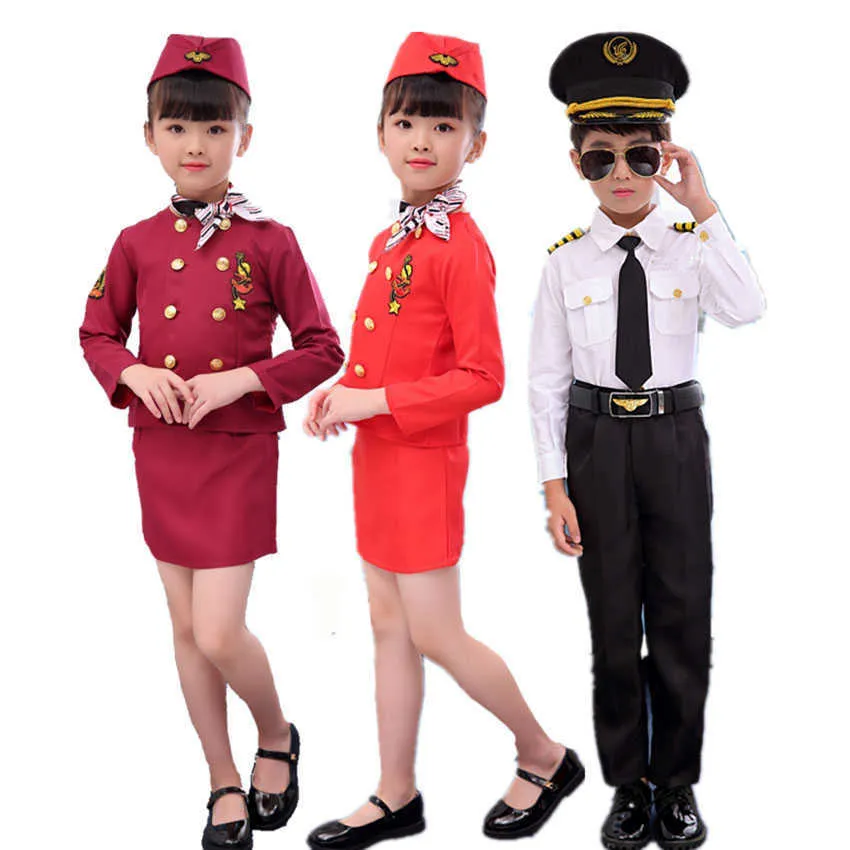 2021 Halloween Carnival Party Pilot Cosplay Costumes for Kids Boys Birthday Gift Girls Flight Attendant Dress Military Uniform Q0910