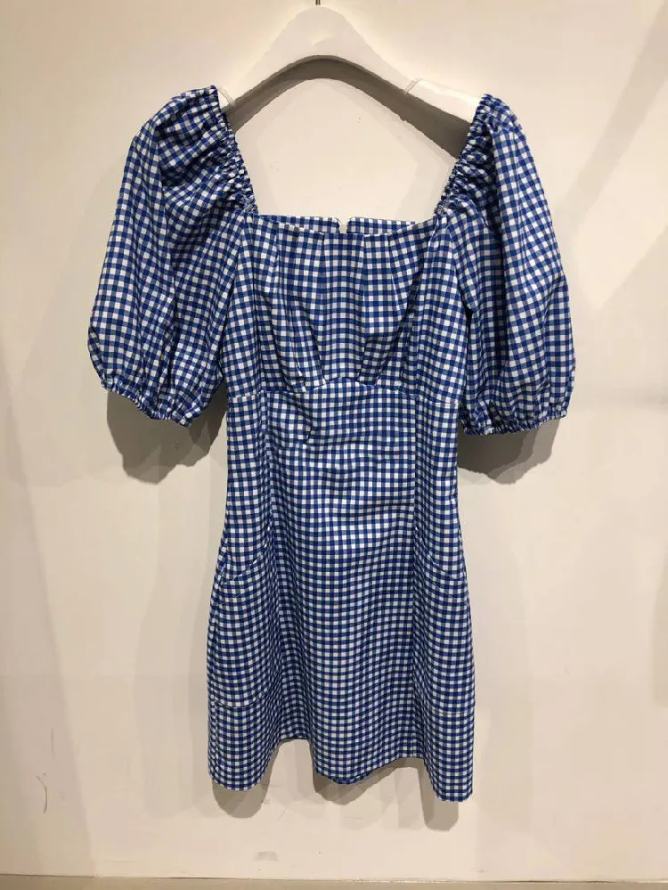 Sommar Kvinnors Klänning Koreansk Midja Square Neck Long Kjol Houndstooth High Dresses Kvinna PL222 210506