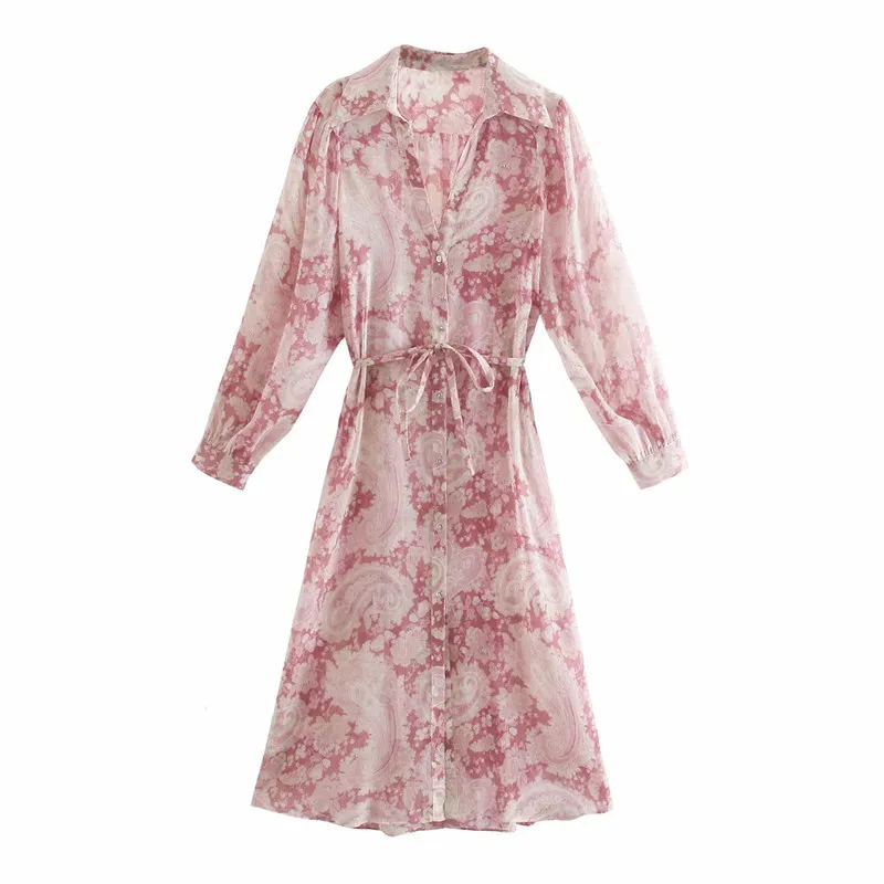 Blouse vrouw roze paisley print oversized lang shirt vrouwen mouw zomer mode riem vintage top 210519