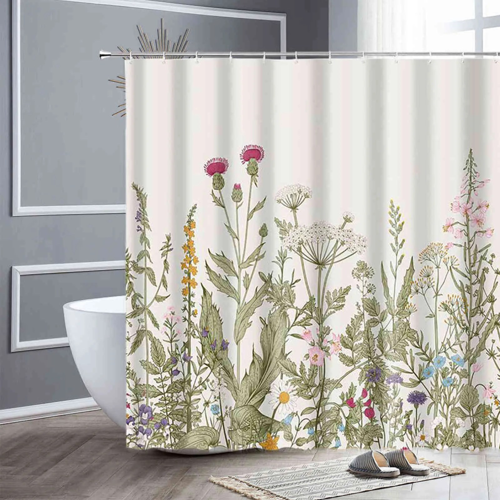 防水シャワーカーテンカラフルな花蝶春自然風景バスルーム装飾ホームファブリックフックバスカーテンセット211116