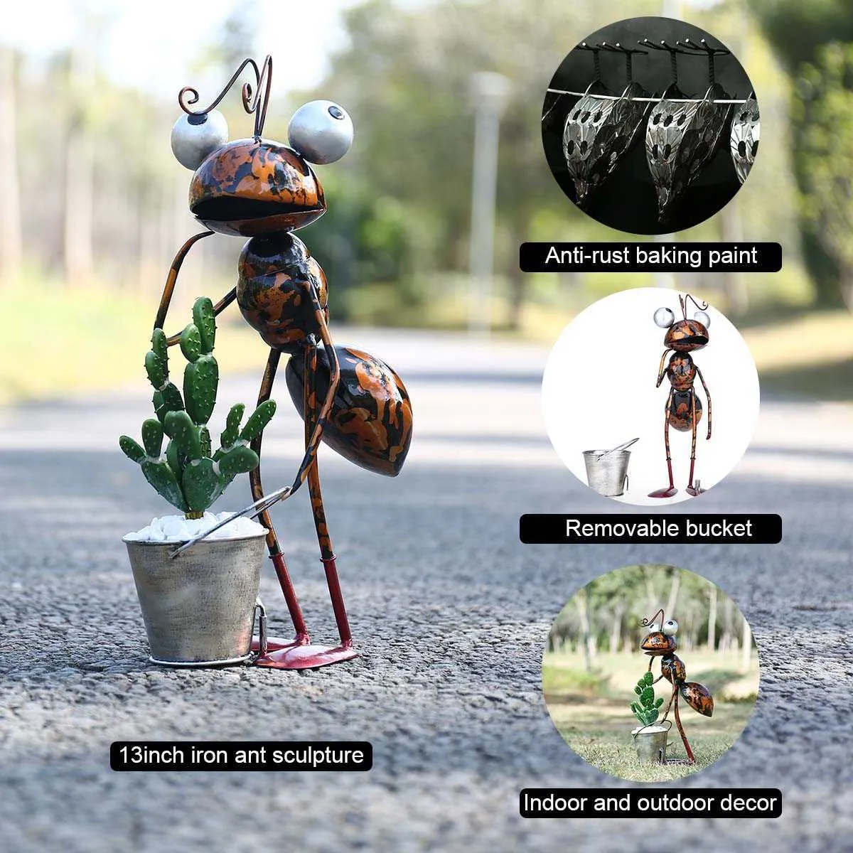 Escultura de formiga de 13 polegadas, desenho animado de ferro com balde removível, decoração de jardim ou mesa, suculentas, vaso de flores, armazenamento de berloque 2109248937842