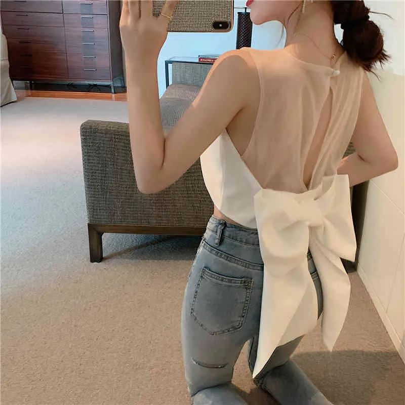 Zomer Chic Koreaanse O Hals Mouwloze Backless Bow Mesh Tshirts Dames Patchwork Mode Sexy Crop Tops Holle Zoete Elegante 210429