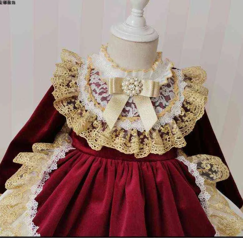 Spanisches Gericht-Lolita-Stil-Baby-Mädchen-Samt-Prinzessin-Kind-Spitzennaht-Weihnachtsfest-Geburtstags-Ballkleid-Kleid G1129