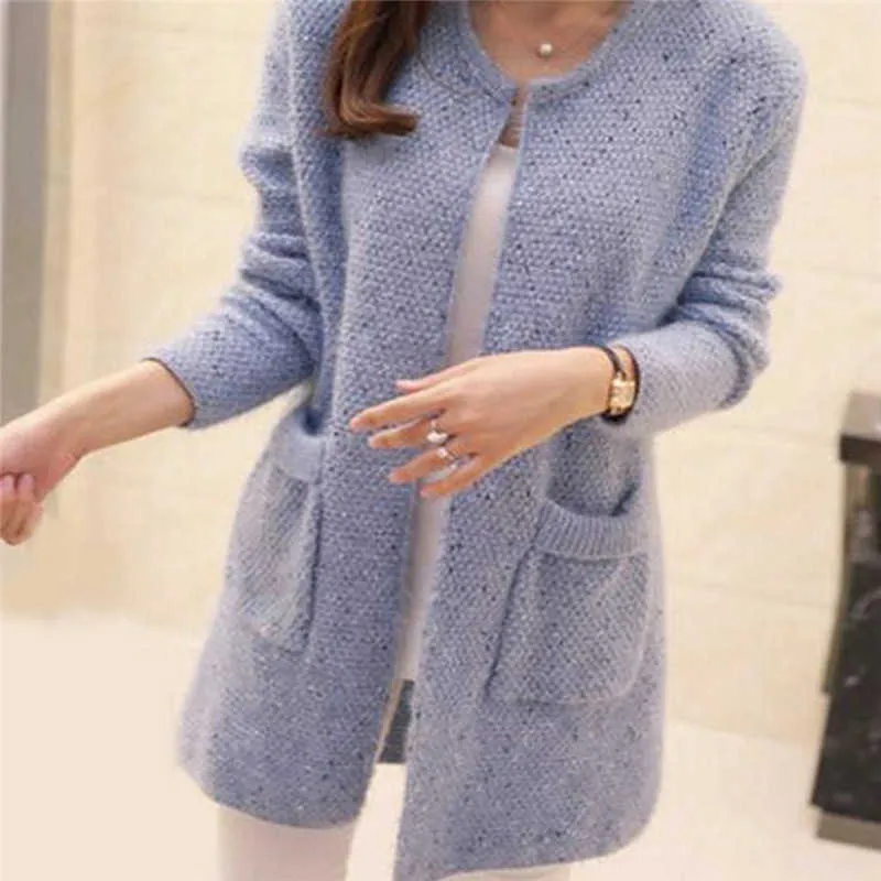 Winter Warm Women jacket coat Solid Color Pockets Knitted Sweater Tunic Cardigan Crochet Ladies Sweaters Tricotado 211018