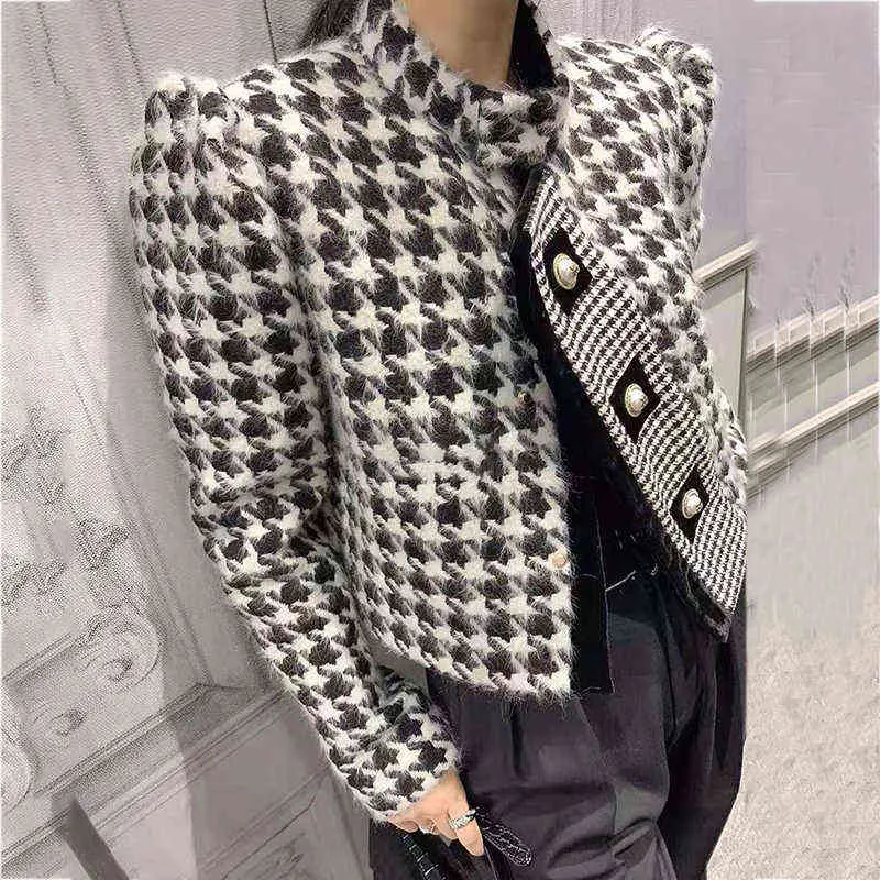 Luxury Brand Tweed Thousand Bird Lattice Coat Ladies Elegant Fall Winter Fashion Leisure Short Woolen Jacket Female 211112