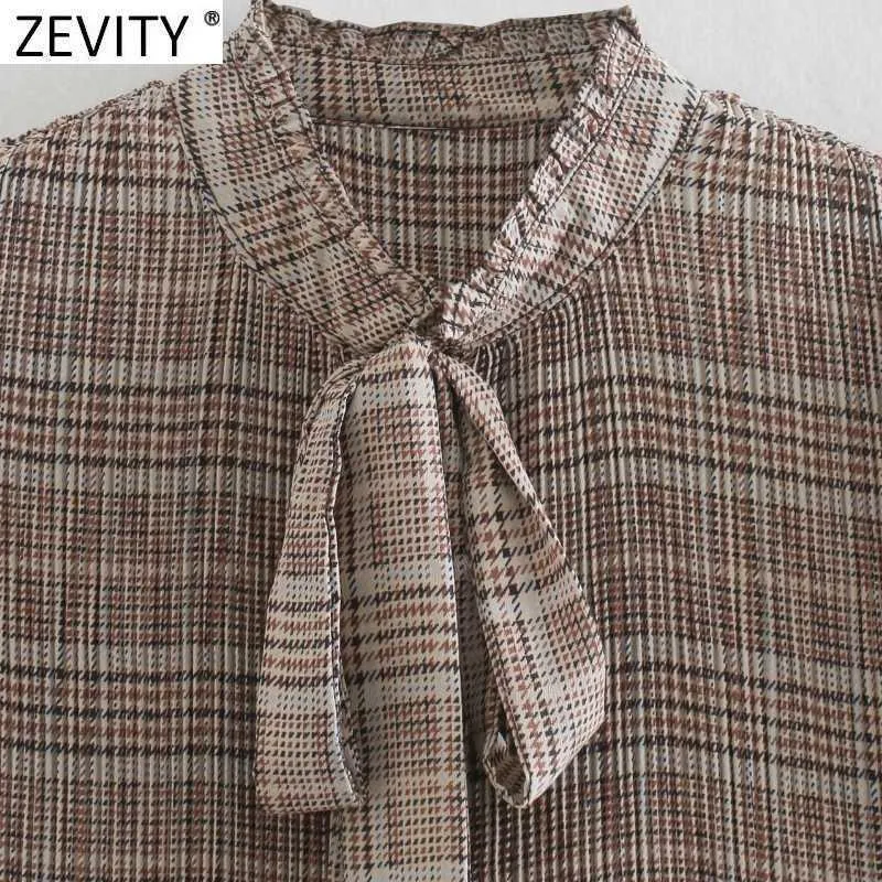 Zevity Women Vintage Bow Tied Stand Collar Plaid Print Pleated Kimono Skjortor Retro Lady Blouse Roupas Chic Femininas Tops LS7395 210603