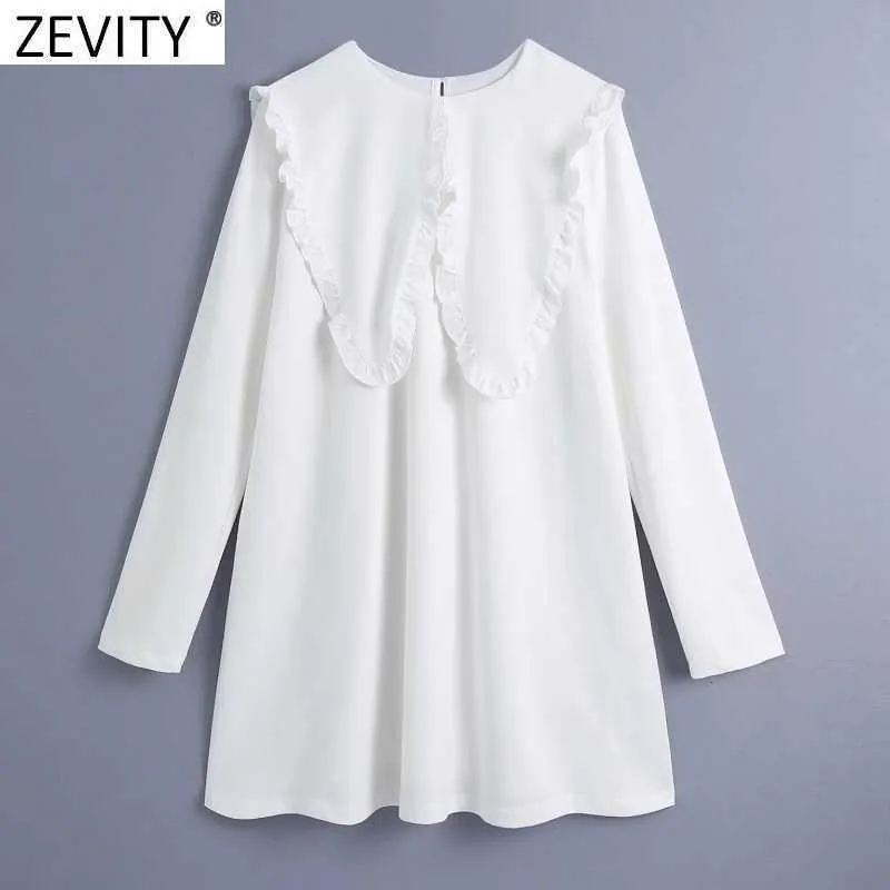 ZEVITY Kadınlar Yüksek Sokak Büyük Perter Pan Yaka Patchwork Beyaz Mini Gömlek Elbise Kadın Chic Agaric Dantel Ruffles Vestido DS8106 210603