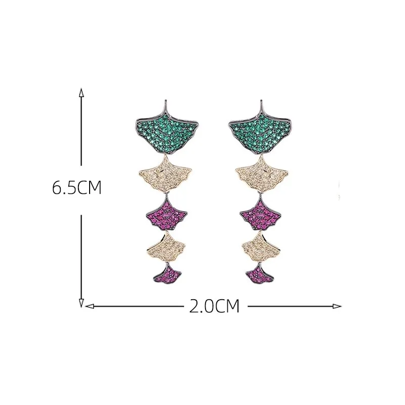 Micro Pave Colorful Zirconia Leaf dangle for Women Brand Designer Luxury Wedding Temperament Ginkgo Biloba Örhängen