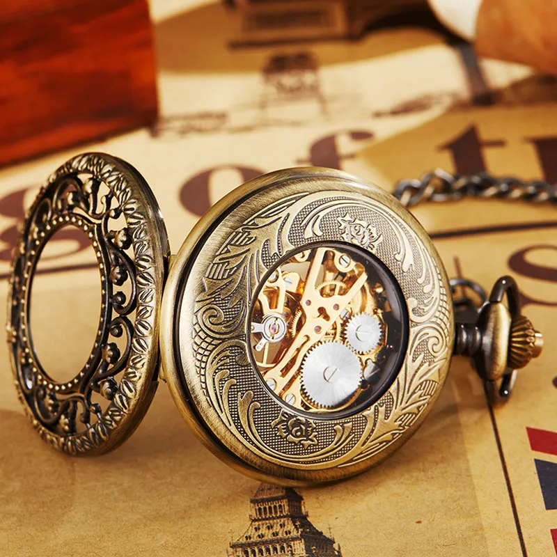 Antike goldene mechanische Taschenuhr mit Kette, Steampunk-Skelett, hohle Handaufzugs-Anhängeruhr, Herren- und Damen-Gold-Bronze-Geschenk235N