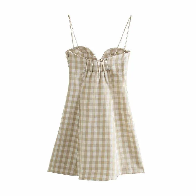 Za Summer Plaid Mini Straps Dress Women Sleeveless Backless Gingham Sundress Chic Side Zip Woman Elegant Beach Dresses 210602