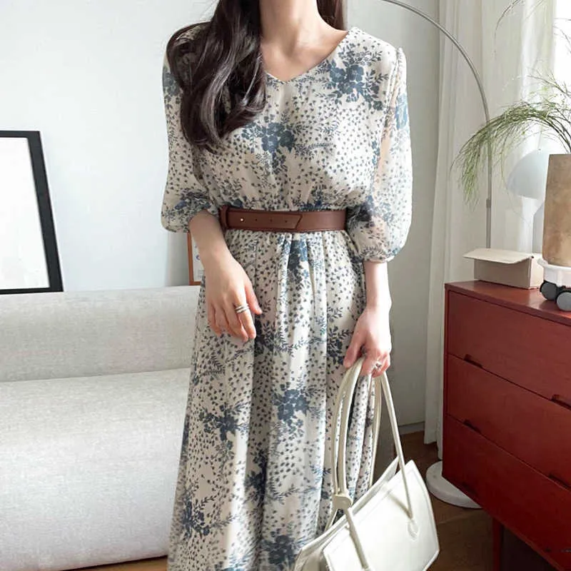 Korejpaa Dames Jurk Zomer Koreaanse Chique Dames Vintage Elegante Bloem Gedrukt V-hals Taille Five-Point Puff Sleeve Vestidos 210526
