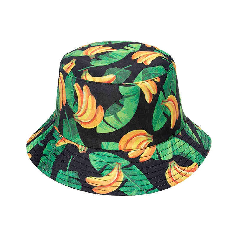 新しい春の夏の黒い白い黄色い色のフルーツの葉のバナナプリント漁師の帽子サンフィッシングキャップ大人女性男性G220311