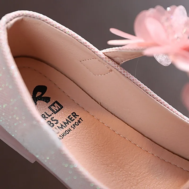 Kinderleer meisjes glanzende bloemen prinses voor bruiloftskinderen Flats lente zomerjurk schoenen 220705