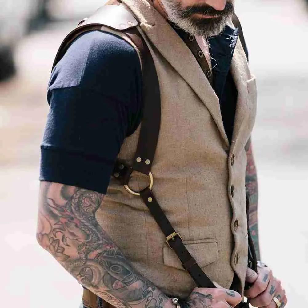 Vintage lederen jarretel mannen middeleeuwse renaissance harnas punk borst schouder riem Suspensorio kleding accessoires