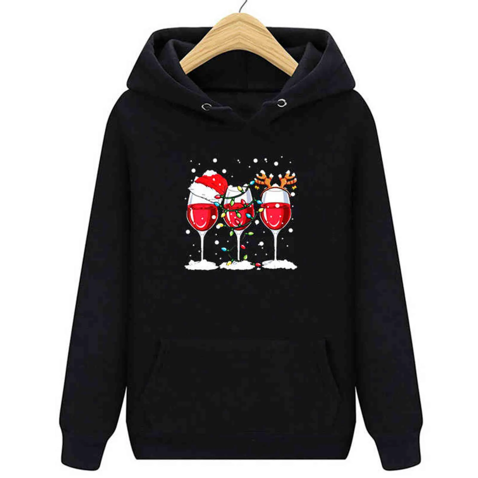 God jul hoodie röd vinglas utskrift hooded sweatshirt mode höst vinter hooded pullover kläder lös hoodie y1118