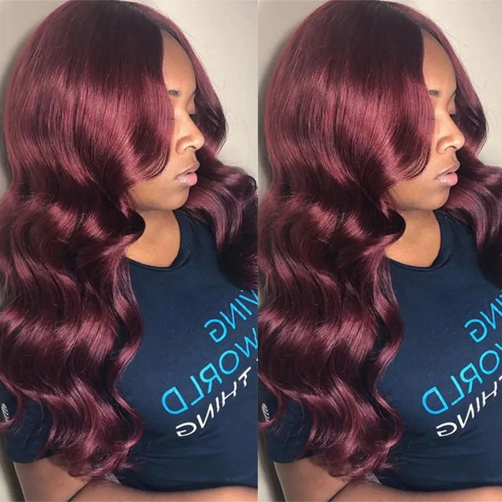 Brazilian Long Deep Wave Full Lace Front Wigs Human Hair Heat Resistant Glueless Wine Red Synthetic Wig for Black Women