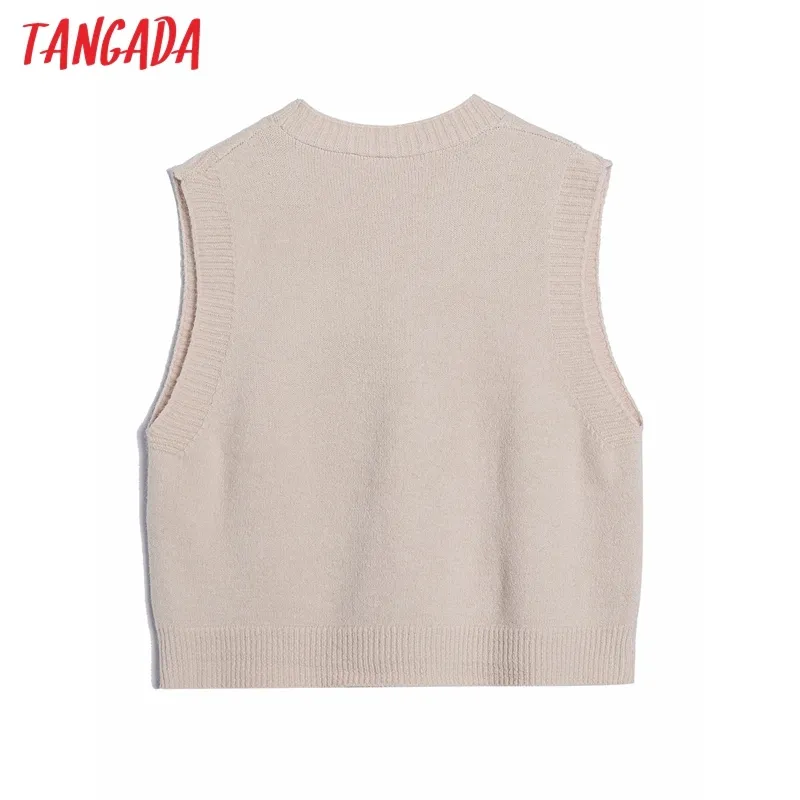 Chaleco de punto de gran tamaño con giro básico Vintage para mujer, suéter con cuello en V, chaleco sin mangas para mujer, Tops 6H13 210416