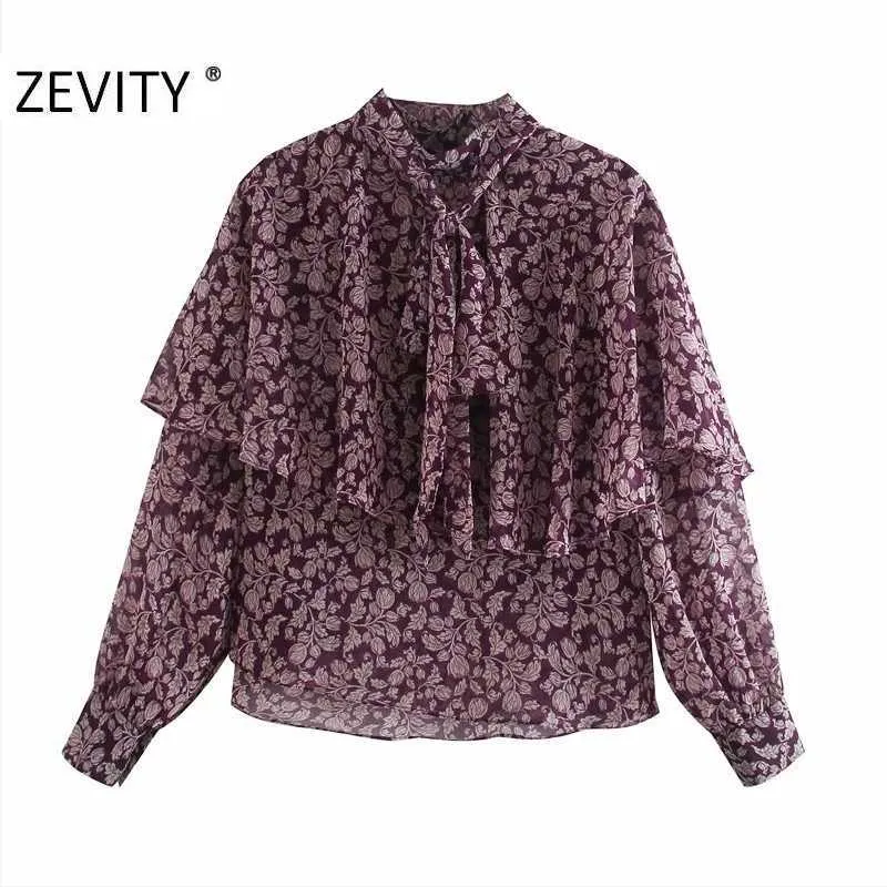 Zevity Womenファッションフラワープリントシフォンスモークブラウスオフィスレディース長袖ボウRuffles Roupas FemininasシャツTOPS LS7258 210603