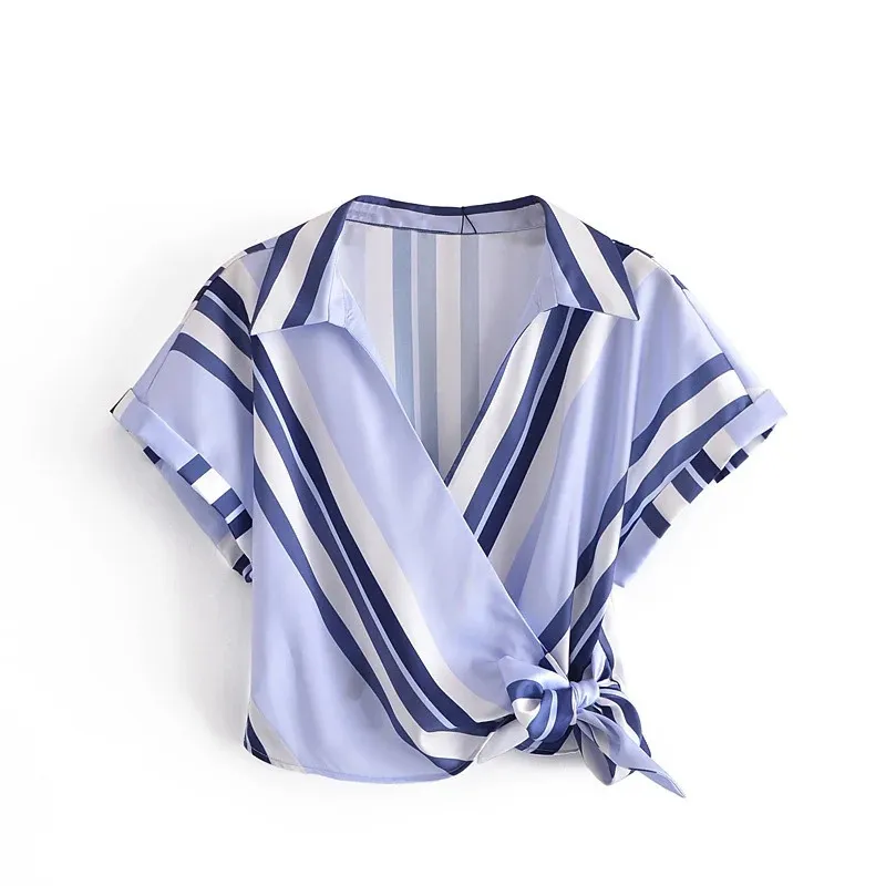 Blue Striped Crop Top Women Shirt Fashion Knot Wrap Short Sleeve Satin Woman Casual Chic Summer Blouse 210519