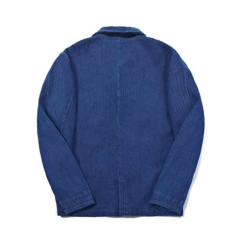 Fashion Plant Blue Dyed Jacket Men Fransk Cargo Coat Single-breasted Retro Långärmad Indigo Jacka med Pocket Mäns Workwear X0710