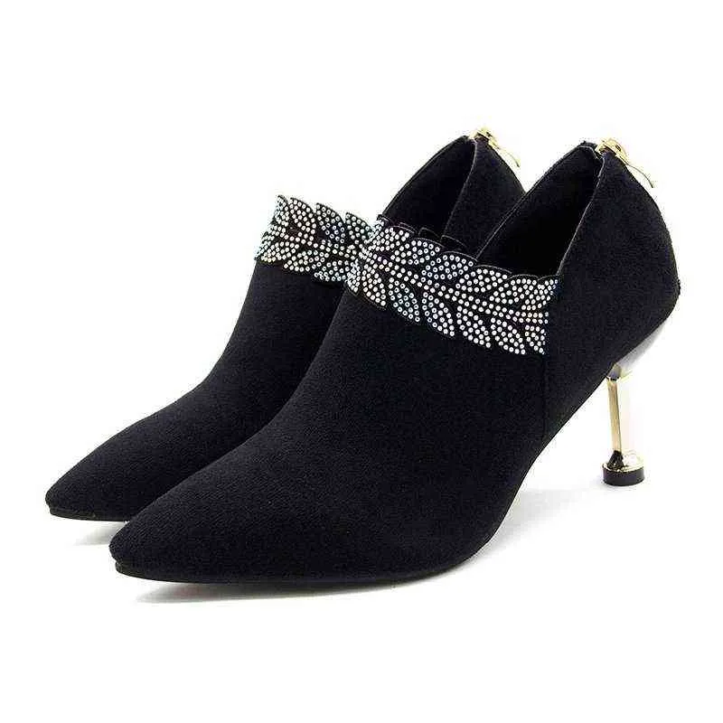 Zapatos de vestir Otoño Mujer Botas desnudas Botines negros con joyas para mujer Zapatos de vestir con punta estrecha Tacones altos Botines botas mujer 8310N 220309