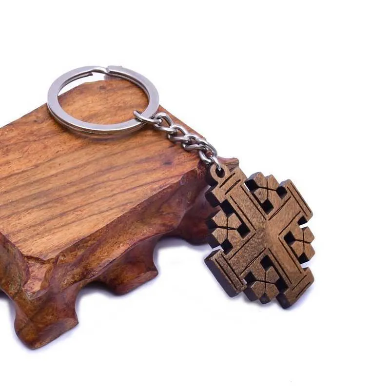 En bois Sainte Croix Porte-clés Mode Christianisme Bijoux Catholicisme Protestantisme Pendentif Pâques Prière Église Cadeaux G1019