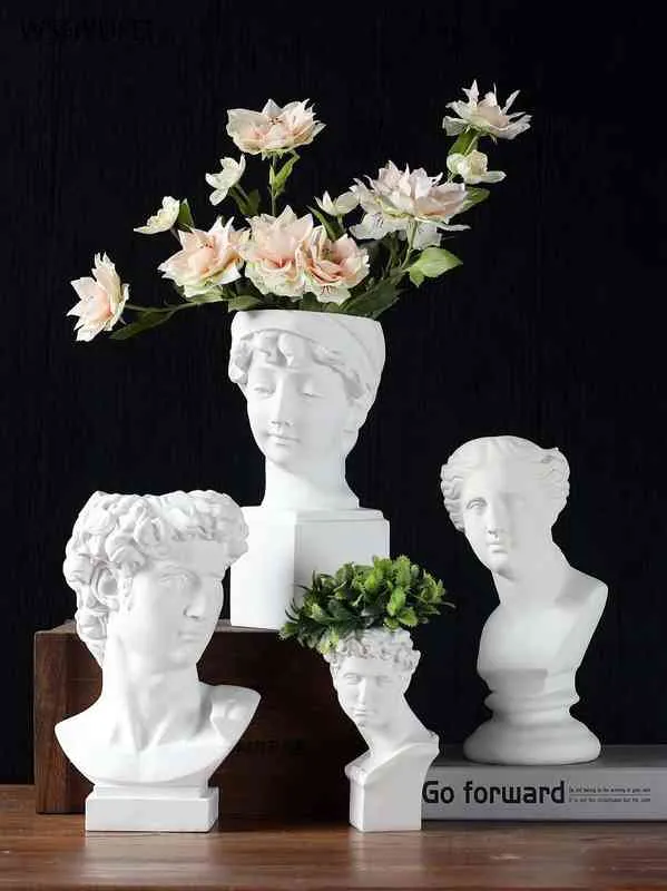 Ancient Greek White Resin Flowerpot Portrait Decoration Gypsum David Vase Dry Flower Simulation Sculpture Soft Garden Ornament 211215