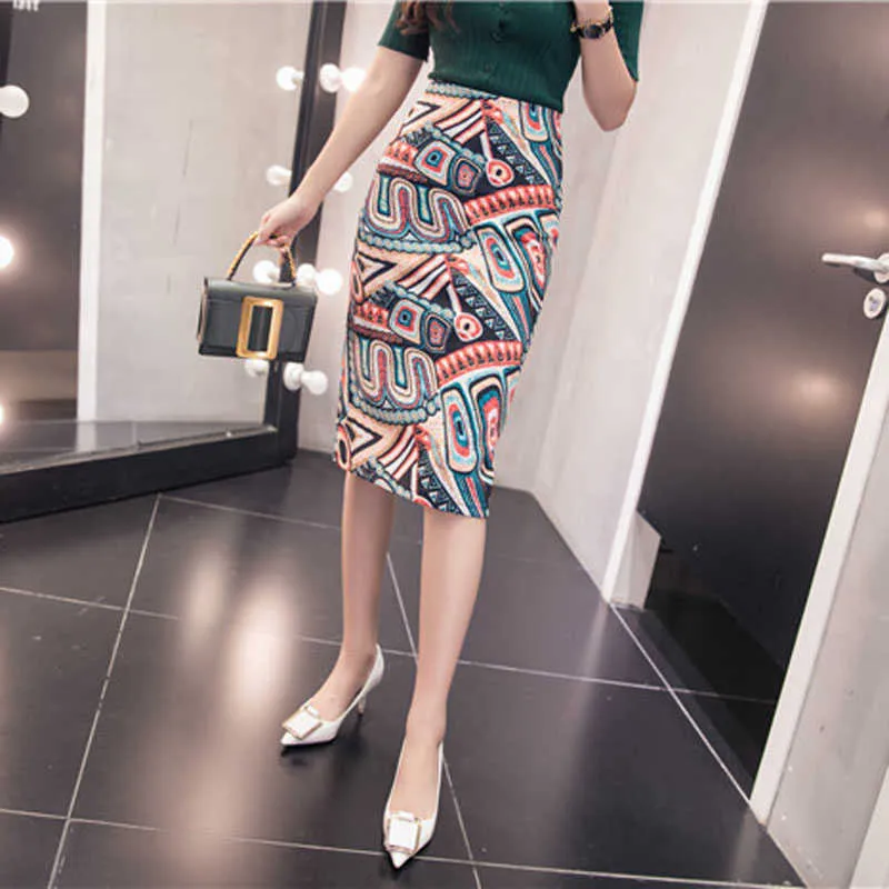 Women Vintage Skirts Flower Printing High Waist Bodycon Slim Midi Split Sexy Pencil Female Falda 24 Patterns SP524 210621