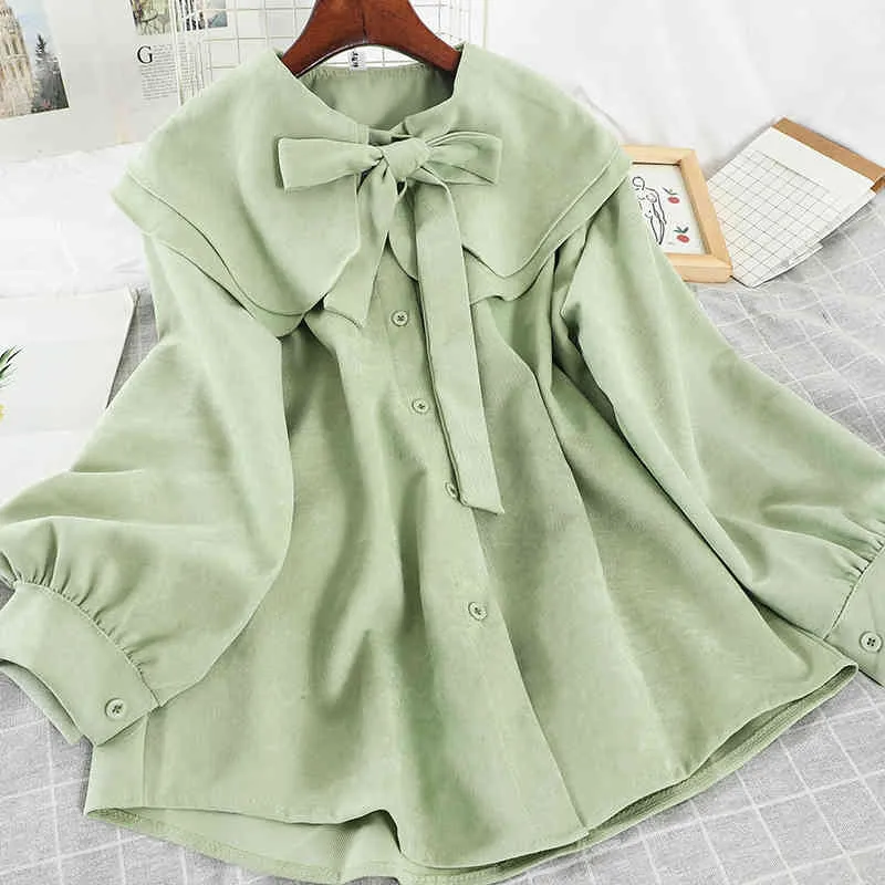 ブラウスの女性Soid Peter Pan Collar Vintage SuedeエレガントBlusas Mujer秋冬シックなシャツファッション19200 210415