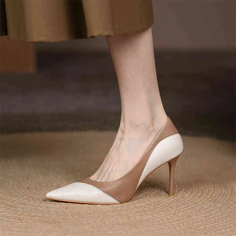 Women Fashion Shoes Genuine Leather Thin Super High Heels Shoes Pointed Toe Party Ladies Footwear Spring Autumn Apricot Y220225