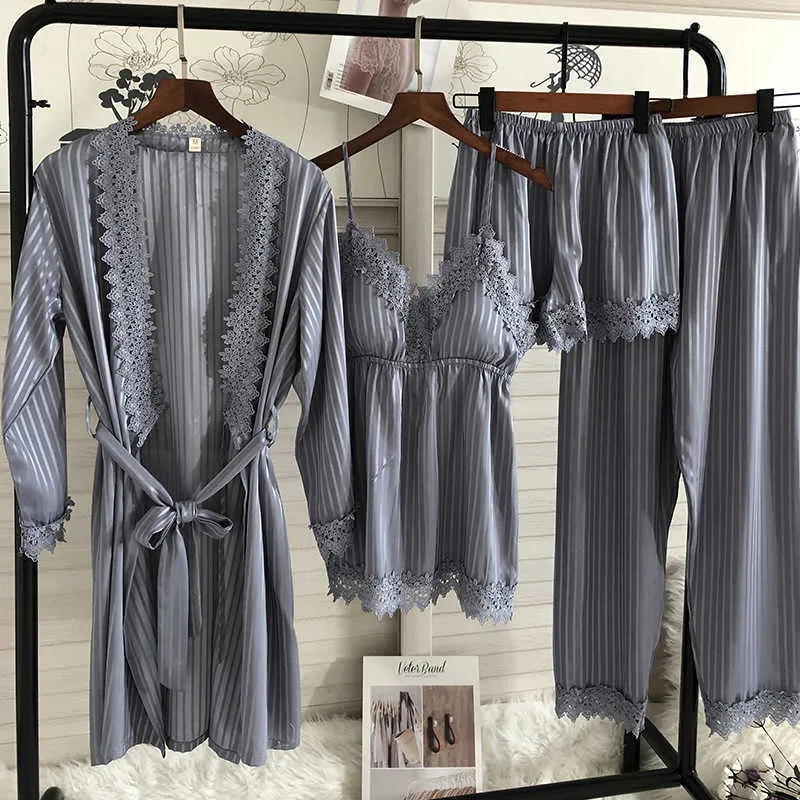 Kimono Robe vestido Mulheres Lace Pijamas Sets Veste Polaire Suit Nightwear Roupão Sleepwear Sleepwear Solto Pijama Pour Femme 210924