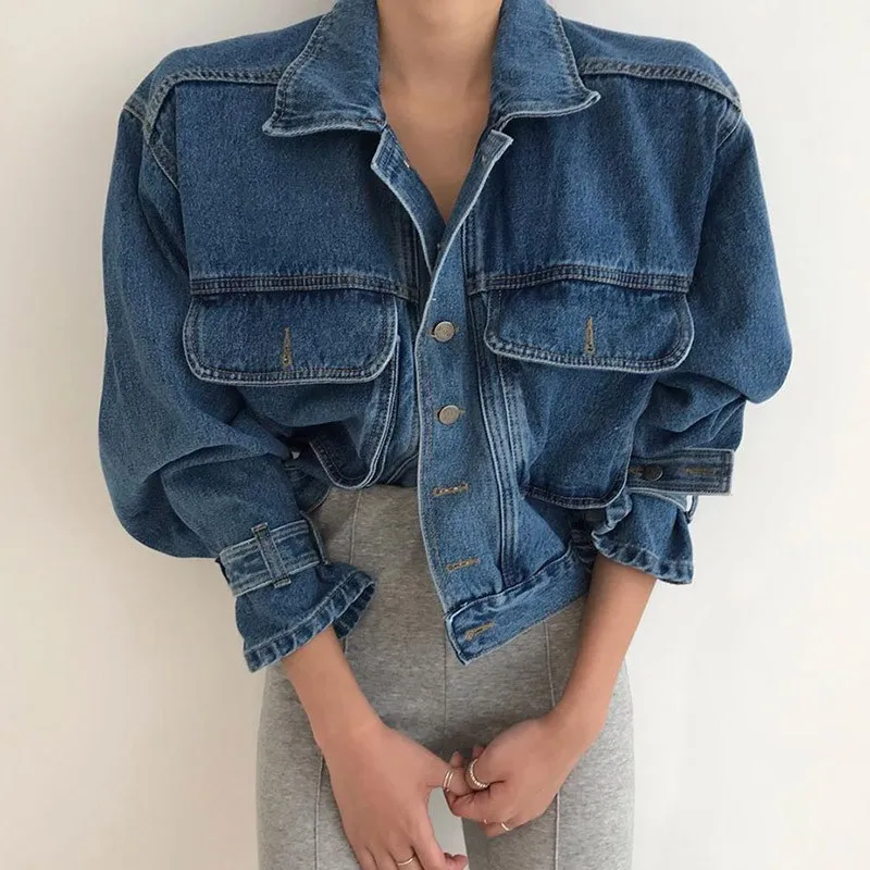 Korobov Korean Streetwear Fashion Women Denim Coats Vintage Turn-Down Collar Long Sleeve Jean Jackets Harajuku Mujer Chaqueta 210430