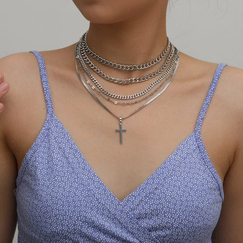 Mode Hip-Hop Disco Cross Pendant ketting overdreven punkstijl koele knappe meerlagige slotketen