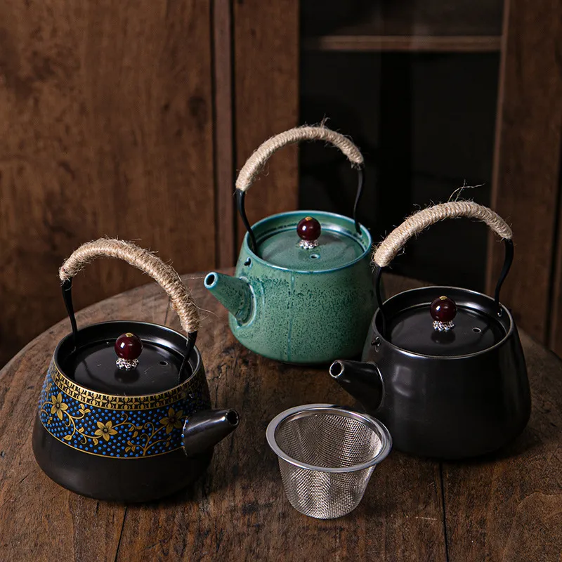 Théière à faisceau en céramique, grande poterie noire mate, service à thé Kungfu à fleurs polychromes, Pot simple avec écran filtrant 248E