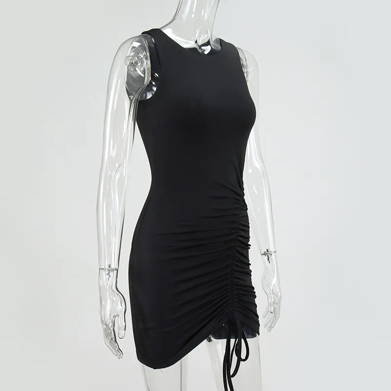 NewAsia Black Party Dress Donna 2 strati senza maniche increspato aderente con coulisse Abiti sexy Vintage Mini Robe Club Wear Nuovo 210413