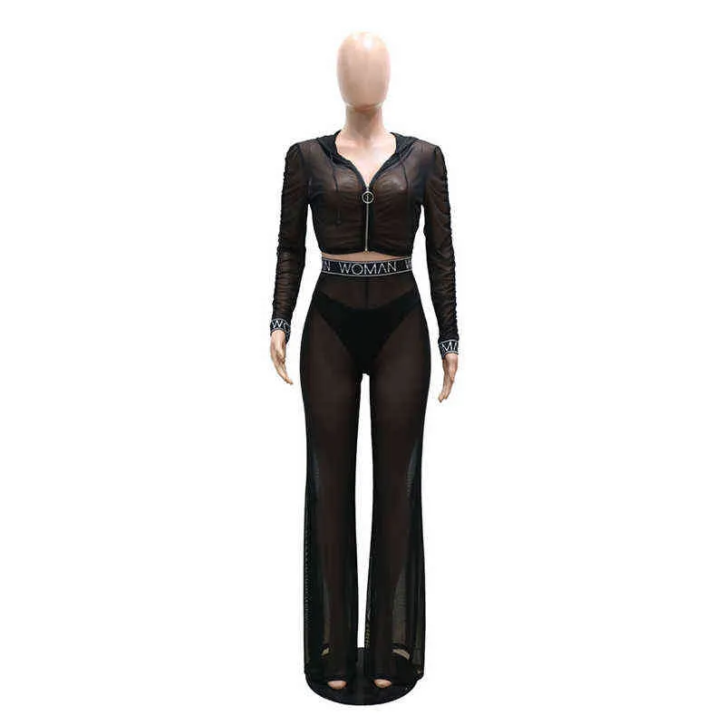 Woman Sexy See Through Mesh Black Zip Up Hooded Long Sleeve Crop Top Wide Leg Long Pants Matching Sets Club Outfits 211116