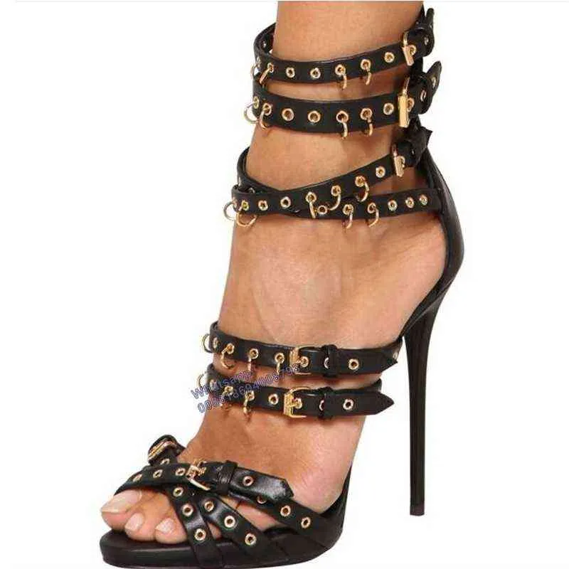 Sandels Black Sandals Buckle Metal Hole Decor Back Zipper Cover Heel Women Thin High Summer Shoes for Peeptoe 220303