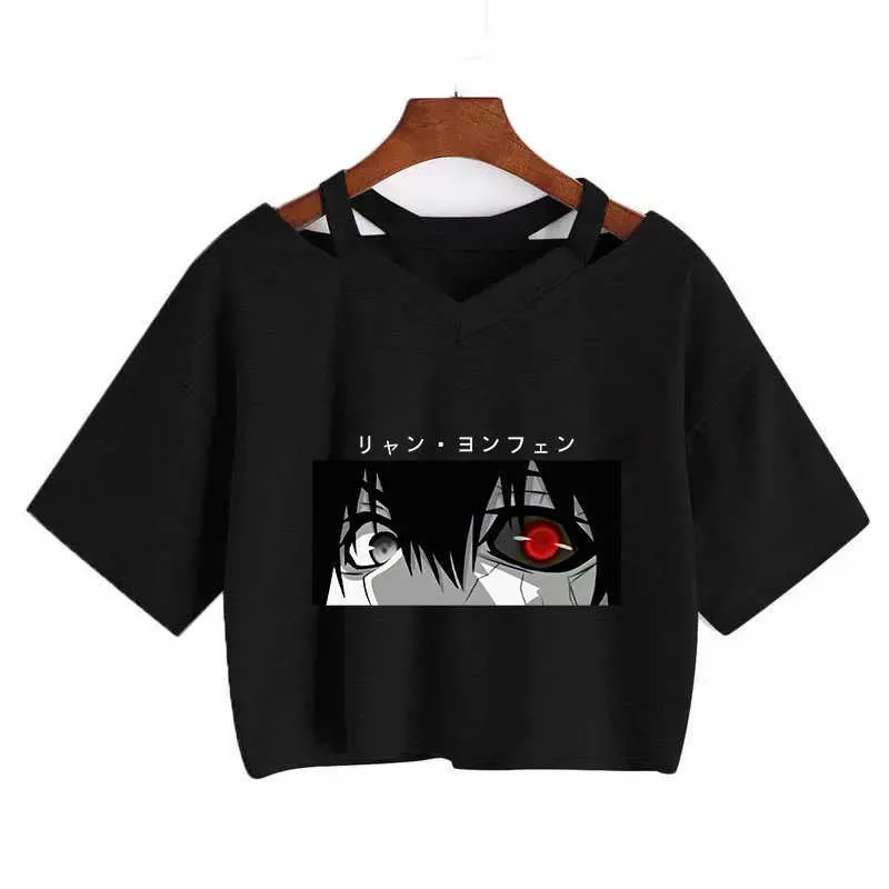 Women's T-shirt Funny anime T-shirt Gothic clothes y2k sexy Harajuku Oversize Tops-tee Ulzzang black Female Top Casual Sling Tee X0628