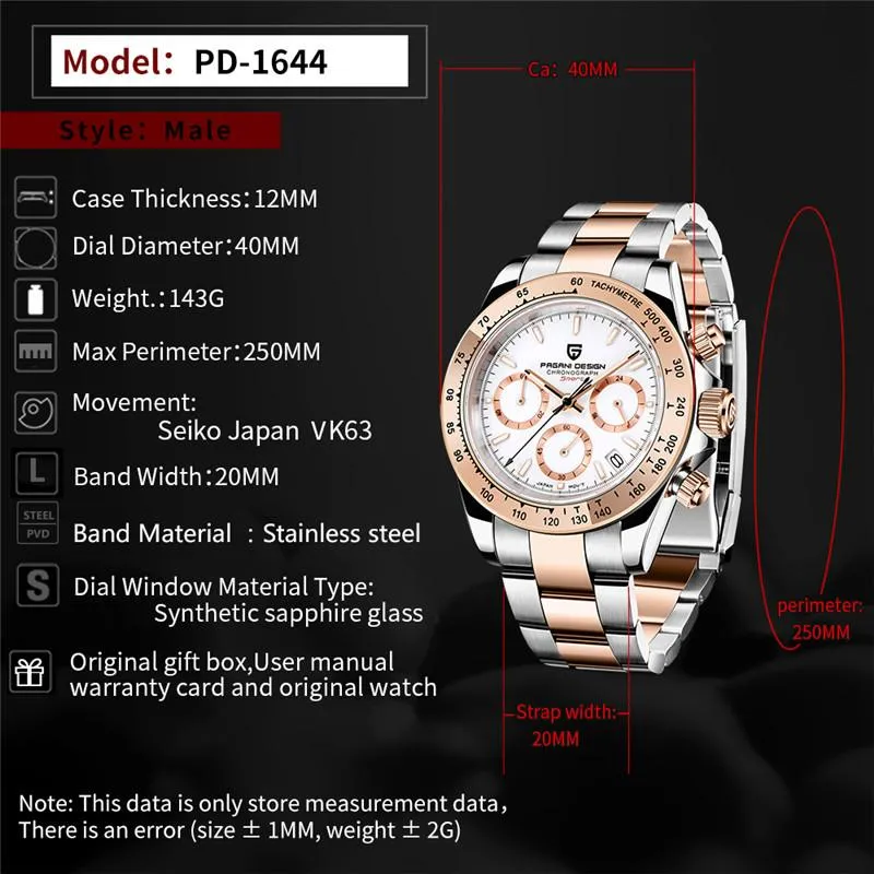Наручные часы Мужские часы PAGANI DESIGN Модные мужские часы из нержавеющей стали с хронографом Gold Business For Man PD-1644250a