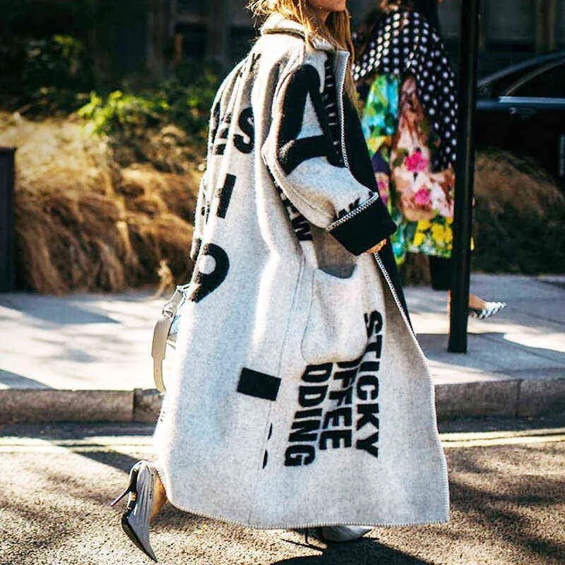 Kadınlar Uzun Çift Taraflı Baskı T Kat Sonbahar Kış Zarif Yaka Dantel-Up Moda Hırka Ceket Kol Gevşek Giyim 211110