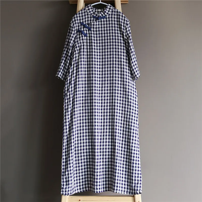 Johnature Women Stand Plaid Dress Button Summer Cotton Linen Vintage Cheongsam Women Cloth Button Shirt Abiti 210521