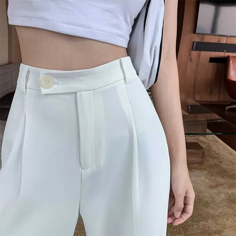 pantaloni estivi sottili e dritti pantaloni a gamba larga Pantaloni lavapavimenti da donna pantaloni casual larghi a vita alta drappeggiati nero bianco giallo 210604