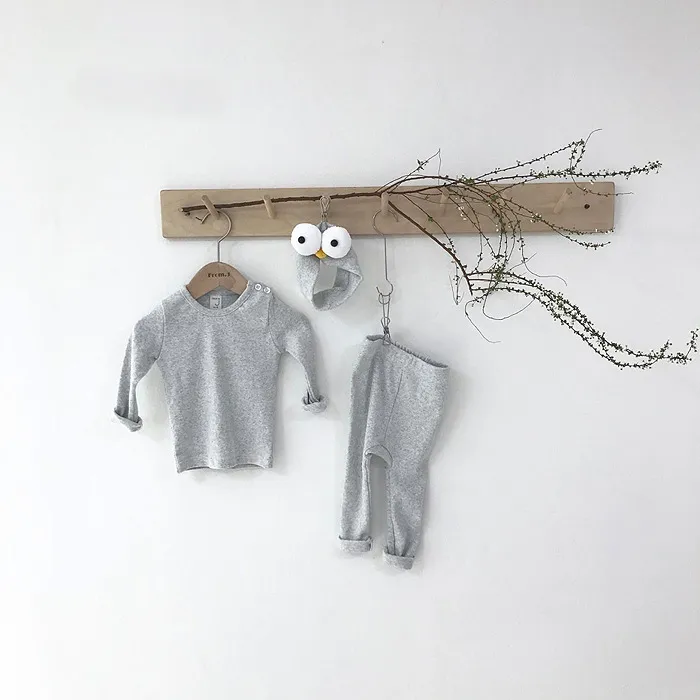 Baby Boy Girl Clothes Set Spring Cotton Casual Home Of Solid Color Long-sleeve Top + Pants Hair Band Pajamas 210515