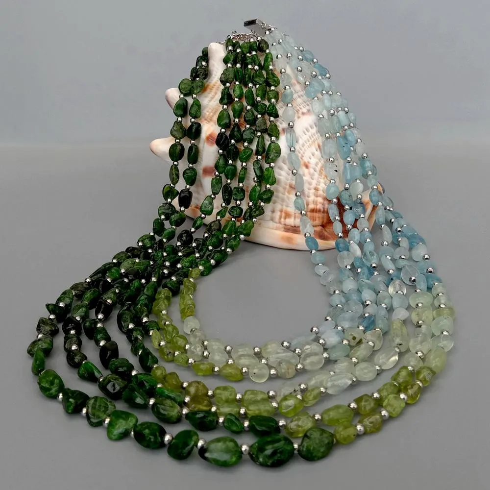 YYGEM 7 Fili Natural Aquamarine Peridot Diospside Prehnite Freefrom Statement Collana Stile vintage le donne